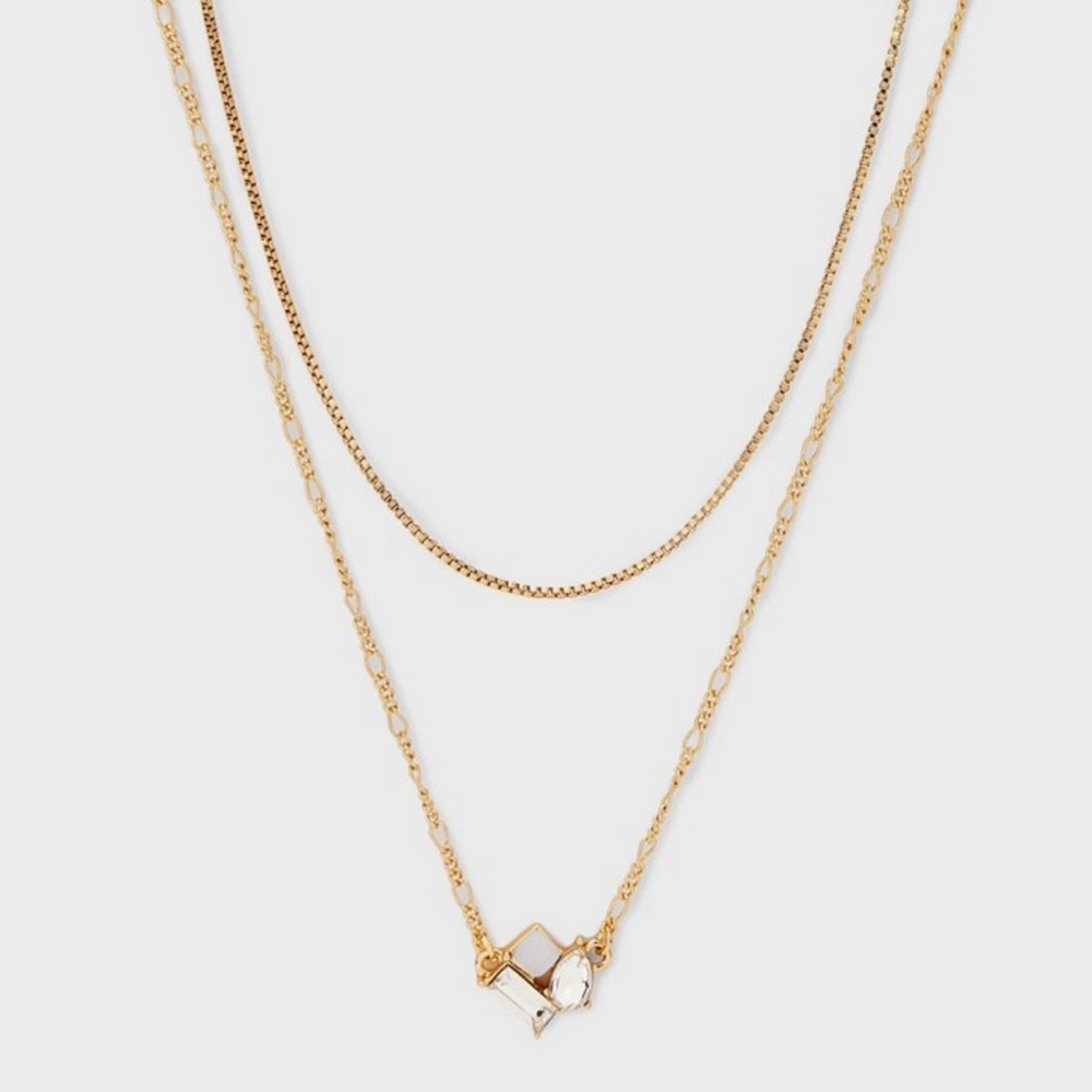 Glass Opal Pendant Multi-Strand Chain Necklace 16-19” length Figaro Boxed Style
